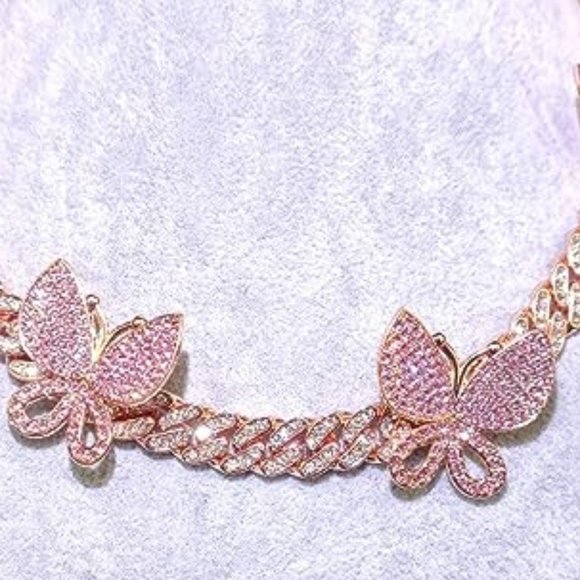 Rose Gold Pink Pave Butterflies 18" Iced Miami Cuban Link Necklace Bling New - Picture 6 of 8